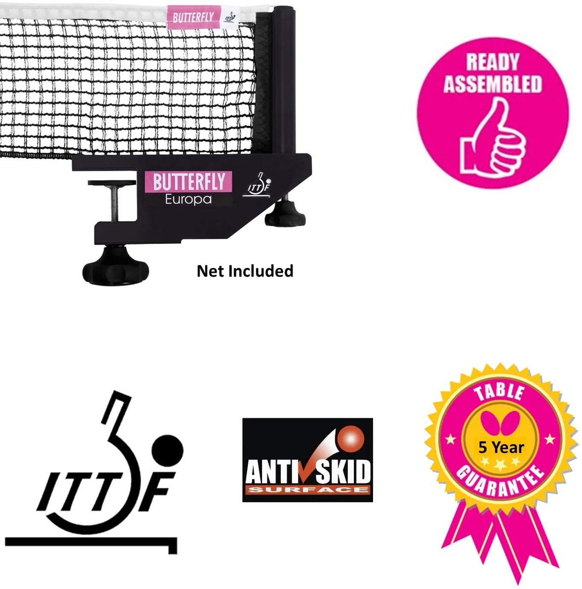 Butterfly Centrefold 25 Table Tennis Table, Butterfly Europa Net Set Included, Already Assembled, ITTF Approved for International Tournaments, Anti-Skid top, 5 Year Warranty Aganst Factory Defects